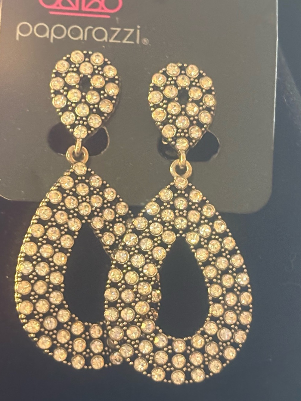 paparazzi Gold Crystal Teardrop Dangle Earrings, clip on style earrings